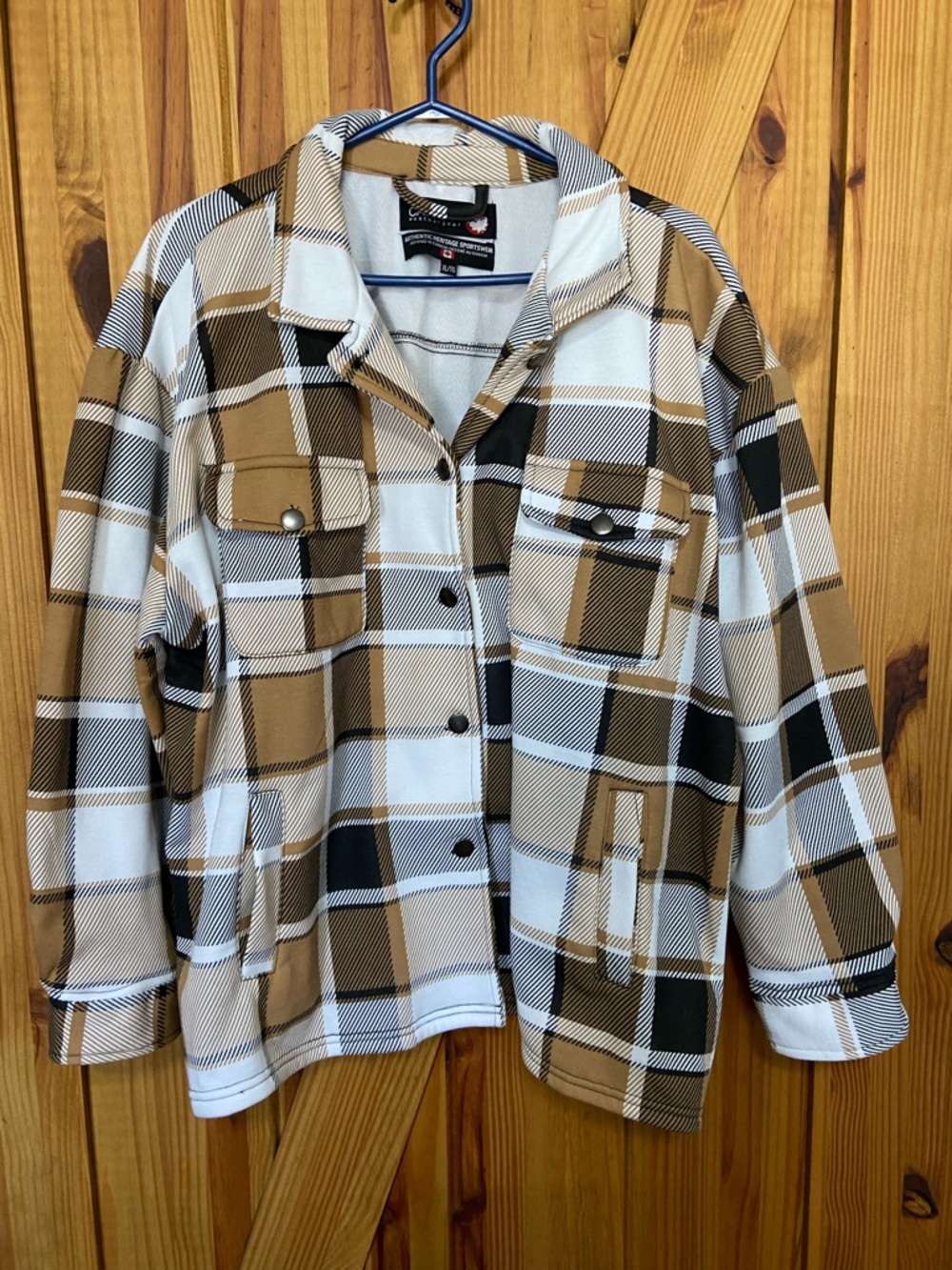 🦋3 for $20 Plaid Shacket Jacket in White and Camel with tiny flaw size XL